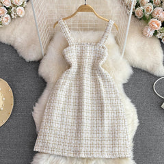 Autumn Sexy Tweed Dress for Women Sleeveless Bodycon Female Vestidos Chic Strap Single Breasted Tarf Female Vacation Runway New voguable