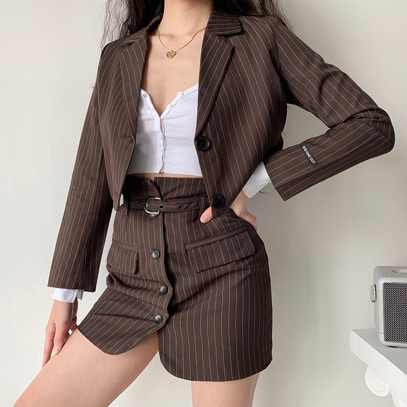 Matching Set Blazer and Skirts Women Long Sleeve Notched Cropped Blazer High Waist Mini Skirt Office Lady Striped Two Piece Set voguable