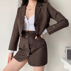 Matching Set Blazer and Skirts Women Long Sleeve Notched Cropped Blazer High Waist Mini Skirt Office Lady Striped Two Piece Set voguable