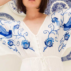 Floral bireds embroidered maxi dress V-neck batwing sleeve tunic summer beach dress for women tassle tied buttos voguable