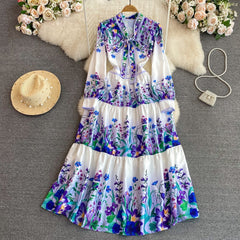 Summer Elegant Maxi Dresses for Women Printed Bow Big Swing Wave Cut Female Long Dress Chic Draped Blue/Pink/Green Fanshion voguable