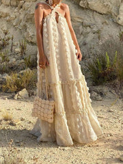 voguable 2022 Elegant Slip Holiday Hollow Out Sundress Sleeveless Halter Maxi Summer Dress For Women Fashion Ruffle Beach Long Robe voguable