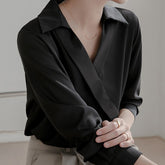 Fashion Elegant Slik Women Shirts Office Lady Tops Spring Casual Satin White Blouse V-neck Long Sleeve Shirt Blusa Mujer voguable