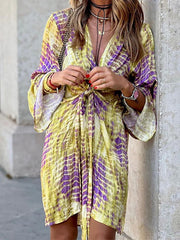 Beach Style V Neck Women Print Mini Dress Casual Loose Female Summer Long Sleeve Dress Vintage Print Streetwear Patchwork Dress voguable