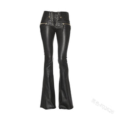 Women Punk Pants Vintage 70's Disco Hip Hop Zipper Streetwear Bandage Ruched Skinny Slim Fit Flared Trouser Halloween Costume voguable