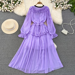 Summer Elegant Midi Dress for Women Ruffle Patchwork Bow Tie Neck Long Sleeve Female Vestidos Thin Chiffon Elegant New In Chic voguable