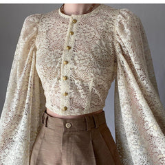 Summer Elegant Blouse for Women Hool Flower Hollow Long Flare Sleeve Single Breasted Tops Chic See Through Round Neck Vintage voguable