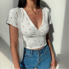 Y2K Vintage Floral Cross Crop Top T-shirt Women Cropped Slim Short Sleeve V-neck Sexy Summer Clothes Tee Shirt Femme Woman Tops voguable