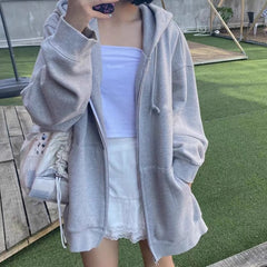 VOGUABLE Women Hoodies Harajuku Korean Version Zip Up Loose Oversized Sweatshirts Casual Solid Color Long Sleeve Hooded Sweatshirt Coats voguable