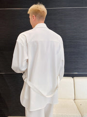 Personalized Lace-up Design Korean Style Men's Solid Colour Shirt 2023 New Concealed Button Lapel Fashionable Casual Tops voguable