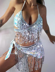 Women 3 Piece Sets Club Night Party Sexy Backless Crop Tops Bodycon Mini Skirt Holographic Sequins Tassel Festival Rave Outfits voguable