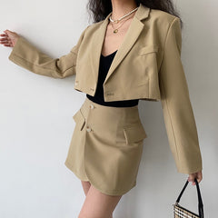 Two piece set Women Cropped Blazer and Mini Skirt Solid Elegant Office Ladies Outfits Long Sleeve Navel Exposed Irregular Suits voguable