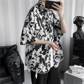 Summer Short-sleeved Shirt Men Fashion Black Print Casual Shirt Men Streetwear Loose Ice Shirts Mens Hawaiian Shirt Large Size voguable