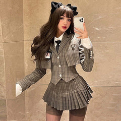 Retro Brown Plaid Vest Shirt Coat Skirt Sets Girl College Style Plaid Suit Pleated Mini Skirt Female Sexy Korean Jacket Blazers voguable