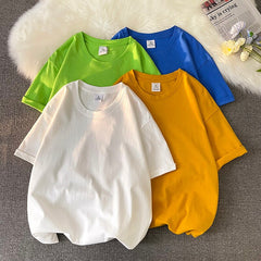 Summer New Pure Cotton Short Sleeve Men's Women's Loose Solid Color T-shirt Tops Unisex Round Neck Oversized Casual Tees voguable