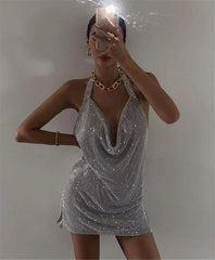 Women Backless Pink Sexy Dress Halter Night Club Glitter Sequin Birthday Dress Christmas Rhinestone Mini Party Dresses Vestidos voguable