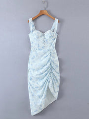 2022 Fashion Women Spaghetti Strap Asymmetrical Drawstring Slit Sexy Dress Sweet Floral Print Summer Ladies Chiffon Robe voguable