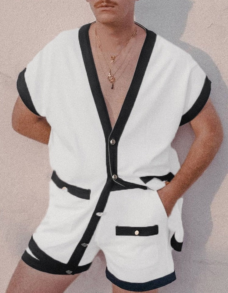 INCERUN Fashion Men Sets Patchwork 2022 V Neck Short Sleeve Shirt & Shorts Two Pieces Streetwear Summer Men Casual Suits S-5XL 7 voguable