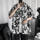 Summer Short-sleeved Shirt Men Fashion Black Print Casual Shirt Men Streetwear Loose Ice Shirts Mens Hawaiian Shirt Large Size voguable
