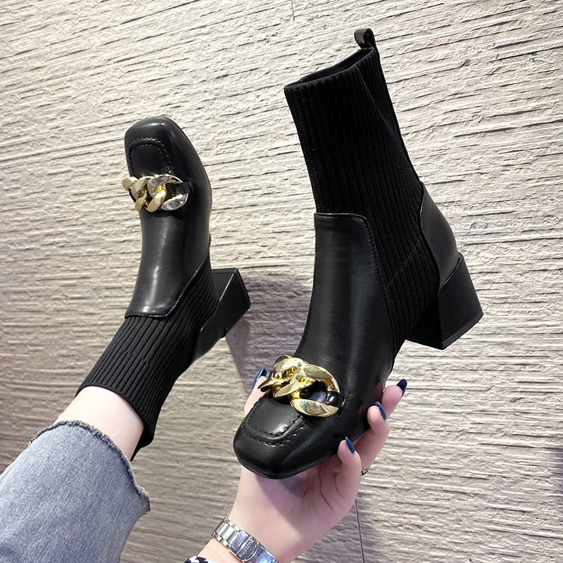 Shoes White Ankle Boots Boots-Women Winter Footwear Low Autumn Med Rubber Ladies Rock Solid PU Hoof Heels Basic Chain Lace voguable