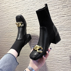 Shoes White Ankle Boots Boots-Women Winter Footwear Low Autumn Med Rubber Ladies Rock Solid PU Hoof Heels Basic Chain Lace voguable