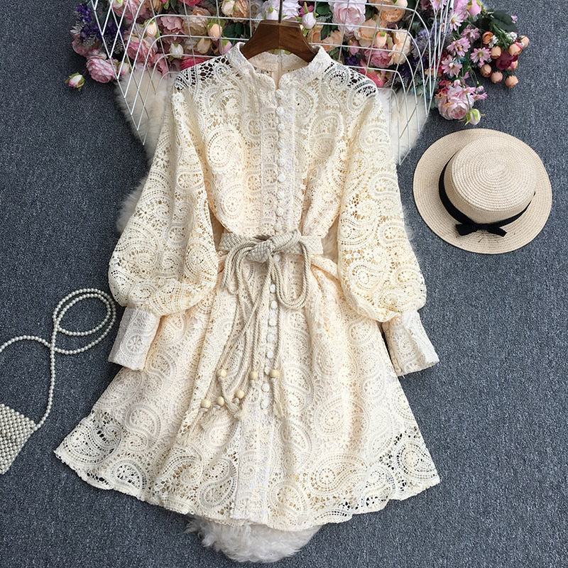 Spring Autumn Lace Dress for Women Hook Flowers Long Sleeve Vintage Button Vestidos Boho Beach Vacation See Through Chic New In voguable