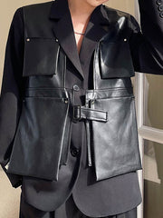 Loose Fit Black Pocket Pu Leather men waistcoat Casual Vest New V-collar Sleeveless Fashion Tide Spring Autumn voguable