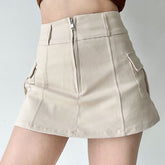 High Waist Women's Mini Shorts Skirt All-match Casual Solid Color Vintage Zipper Fly Sides Pocket Slim-fit Cargo Skirts Summer voguable
