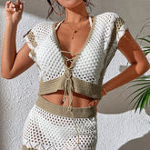 Voguable Khaki Stripe Crochet 2 Pieces Suit Women 2022 Deep V Lace Up Crop Top and Skirt High Waist Beach Sexy Backless Dress Set voguable