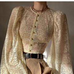 Summer Elegant Blouse for Women Hool Flower Hollow Long Flare Sleeve Single Breasted Tops Chic See Through Round Neck Vintage voguable