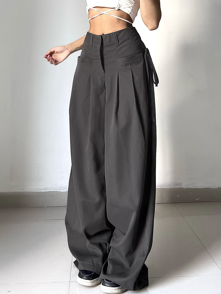Shirring Casual Wide Leg Pants Women High Waist Street Basic Loose Sweat Trousers Korean Retro Gray Office Lady Pants voguable