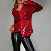 Women Shirt Fashion Sequins Blouses Turn-Down Collar Long Sleeve Shirts Spring Fall Red Button-Down Chic Tops Party Sexy New voguable