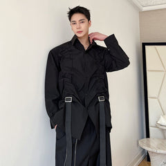 Spring Dark Style Personalized Men's Shirt Long Sleeve Drawstring Decoration Shirts New Fashion Solid Color Top 9A7215 voguable