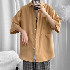 Men Shirts Pure Color Japanese S-3XL BF Cargo Clothing Minimalist Cozy Fashion Ins Рубашки Summer Gentle All-match Teens College voguable