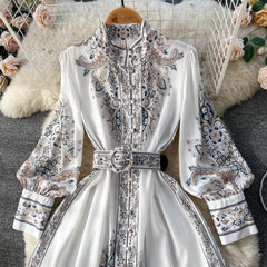 Spring Autumn Long Sleeve Luxury Maxi Dress for Women White/Black Printed Stand Collar Elegant Female Wedding Party Eveing Boho voguable