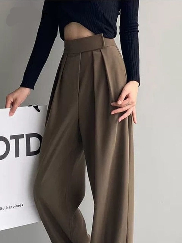 Jielur Brown Wide Leg Women Classic Suit Pants Vintage Palazzo Office Elegant Casual Black Trousers Female High Wasit Pants voguable