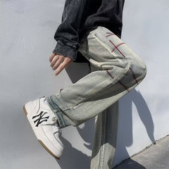 Vintage Men's Washed Jeans Fashion Design Wide Leg Loose Straight Male Denim Pants Hip Hop Unisex Casual Trousers voguable