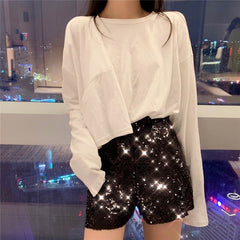 Voguable 2022 Women Feminino Skinny Party Club Shorts Bling Sexy Women Sequin Shorts High Waist Zip Bodycon Shorts Pants voguable