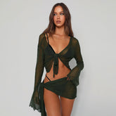 Voguable Summer Dress Sets Sexy See Through Two Piece Sets Beach Outfits for Women Long Sleeve Cropped Top Matching Mini Skirts Suit 2022 voguable