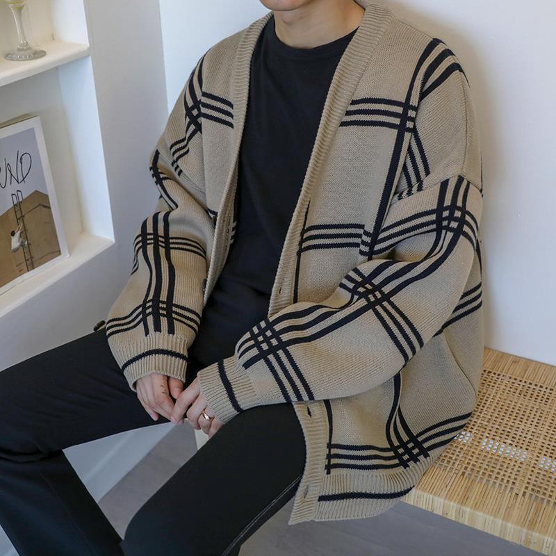 Autumn and Winter Sweater Men Retro Cardigan Loose Casual Korean V-neck Plaid Line Cardigan Sweater Men's Knit Winter Coats voguable