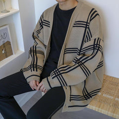 Autumn and Winter Sweater Men Retro Cardigan Loose Casual Korean V-neck Plaid Line Cardigan Sweater Men's Knit Winter Coats voguable