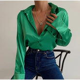 Elegant Satin Women Blouses Fashion Long Sleeve Vintage Blue Blouse Office Blusas Mujer Solid Silk Shirt Women Casual Tops voguable