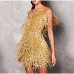 Sexy Sleeveless V-Neck Tassel Mini Dress Women Elegant Evening Party Bodycon Dresses Summer Ladies Fashion Night Club Dress voguable