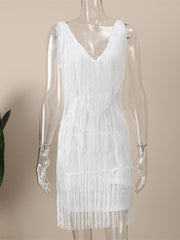 Sexy Sleeveless V-Neck Tassel Mini Dress Women Elegant Evening Party Bodycon Dresses Summer Ladies Fashion Night Club Dress voguable