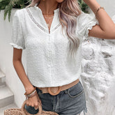 Summer V-neck Short Sleeve White Shirt Woman Fashion Elegant Ruffles Elegant Blouse Women Hollow Lace Puff Sleeve Top voguable