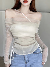 Sexy Off-Shoulder Long-Sleeved T-Shirt Autumn Casual Drawstring Pleated Tees Women Solid Slim Tops voguable