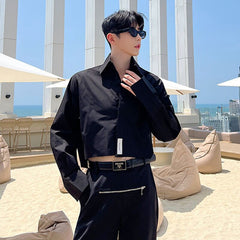 Male Stylish Burrs Shirt Niche Design Casual Long Sleeve Short Top Men's Solid Color Turn-down Collar Clothing voguable