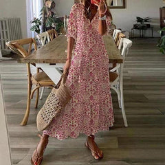 Casual Hollow Out V Neck White Lace Maxi Dress Vintage A-line Loose Embrioderied Floral Print Bohemian Long Sundress voguable