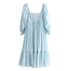 2022 Fashion Women Vintage Sky Blue Puff Sleeve Dress Sweet Lace Trim Square Neck Pleated Ladies Dress Midi Robe voguable