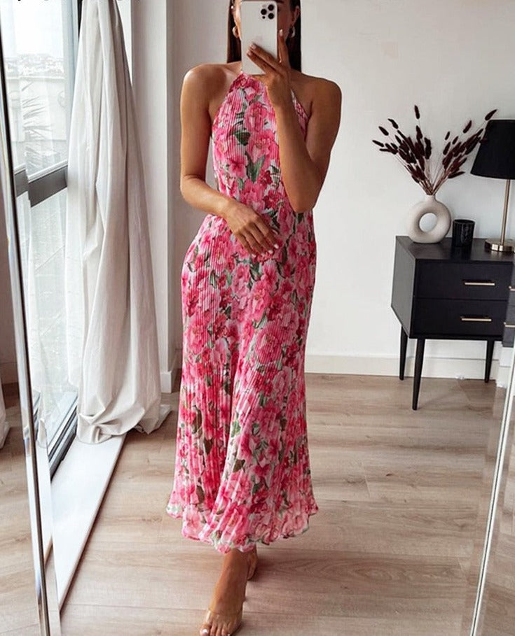 Foridol Sleevelss Halter Maxi Summer Dress for Women Sexy Backless Beach Pink Boho Robe Femme 2022 Lace Up Sundress Floral Dress voguable